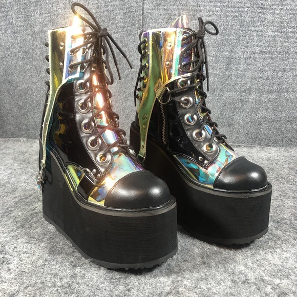 Demonia Shoes - Demonia Swing-115 Platform Boots Womens Size 8 Black Holographic Goth Rave